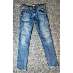 Zara Slim Straight Jeans 34 Womens Blue Distressed Wash Casual Everyday Denim